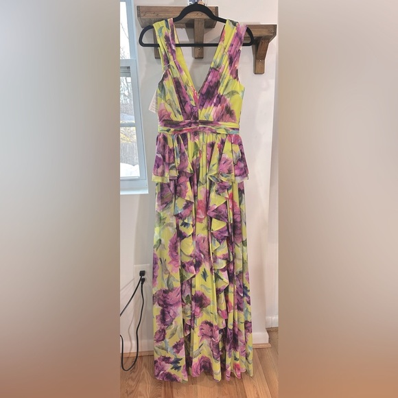 NWT Badgley Mischka Floral Ruffle V Neck Gown Purple Yellow Green 8 - Picture 4 of 16